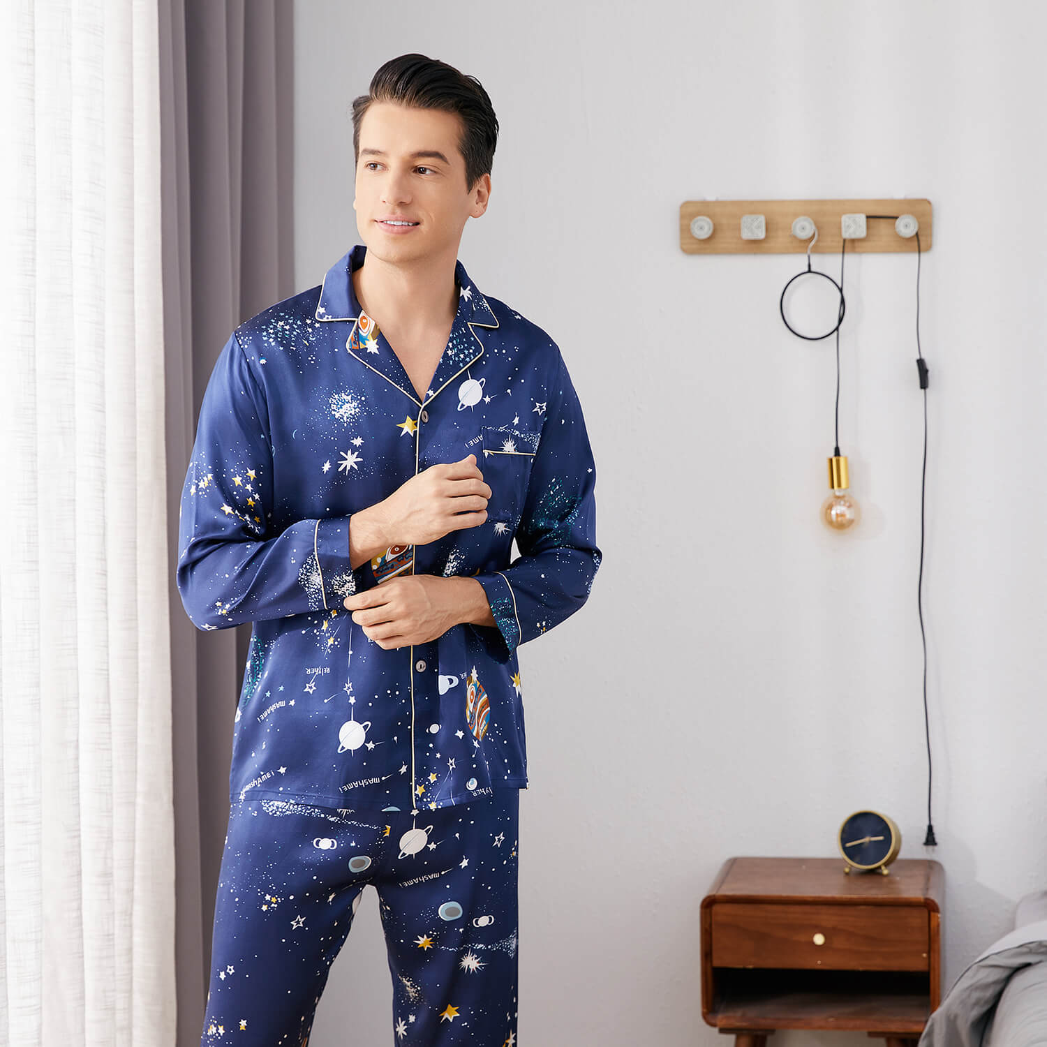 Long Galaxy Print Men Silk Pajama Set Luxury Silk Nightwear Navy Blue S