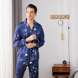 Long Galaxy Print Men Silk Pajama Set Luxury Silk Nightwear Navy Blue S