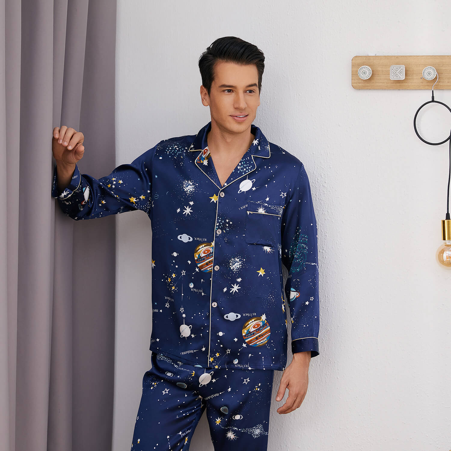 Long Galaxy Print Men Silk Pajama Set Luxury Silk Nightwear Navy Blue S