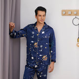 Long Galaxy Print Men Silk Pajama Set Luxury Silk Nightwear Navy Blue S