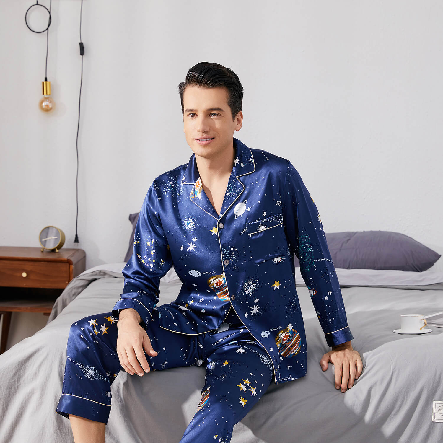 Long Galaxy Print Men Silk Pajama Set Luxury Silk Nightwear Navy Blue S