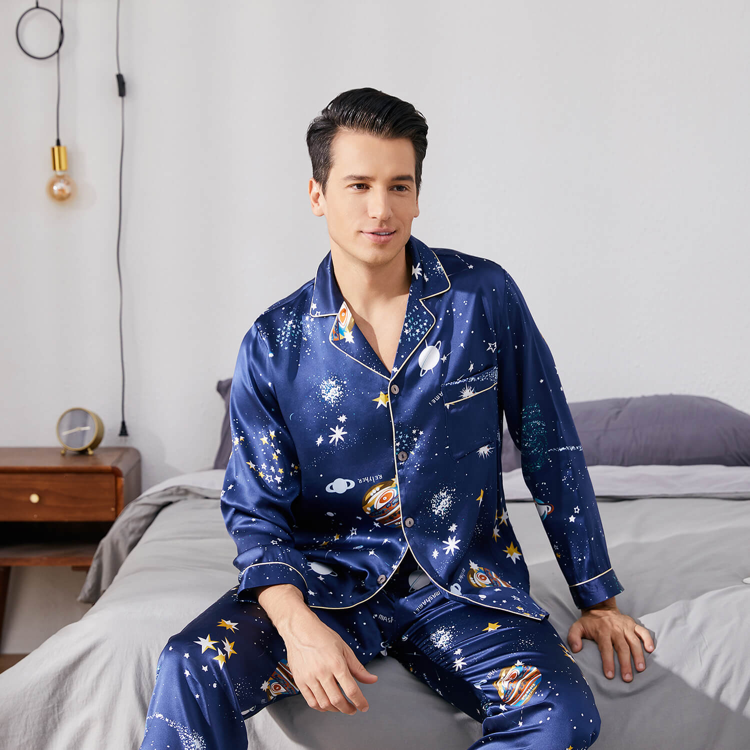 Long Galaxy Print Men Silk Pajama Set Luxury Silk Nightwear Navy Blue S