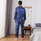 Long Galaxy Print Men Silk Pajama Set Luxury Silk Nightwear Navy Blue S