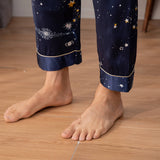 Long Galaxy Print Men Silk Pajama Set Luxury Silk Nightwear Navy Blue XS
