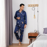 Long Galaxy Print Men Silk Pajama Set Luxury Silk Nightwear Navy Blue S