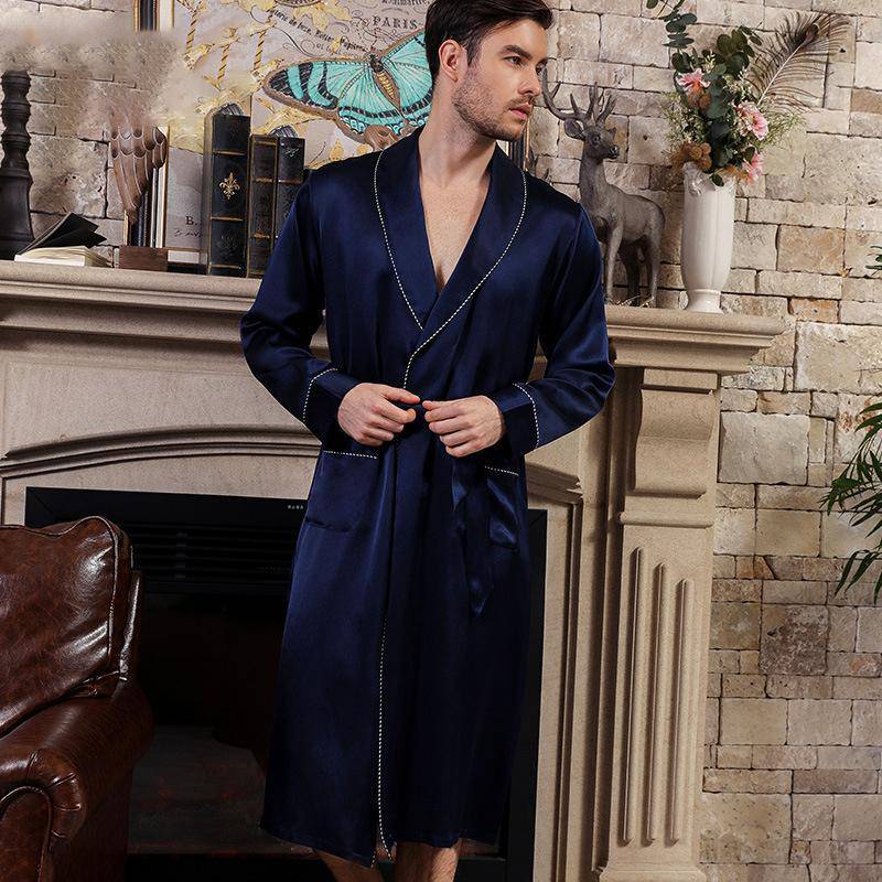 Long Mens Silk Robe Real Pure Luxury Silk Bathrobe Navy Blue XS