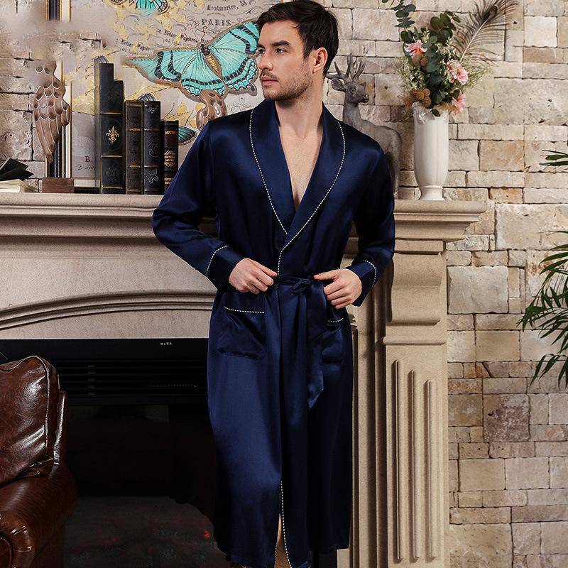 Long Mens Silk Robe Real Pure Luxury Silk Bathrobe Navy Blue XS