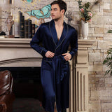 Long Mens Silk Robe Real Pure Luxury Silk Bathrobe Navy Blue XS