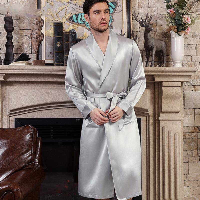 Long Men's Silk Robes Luxury Mens Silk Dressing Gowns Silver Gray XS