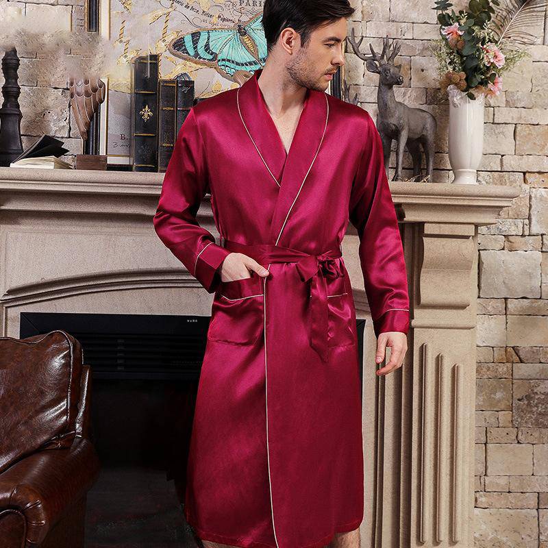 Long Men's Silk Robes Luxury Mens Silk Dressing Gowns Claret XS