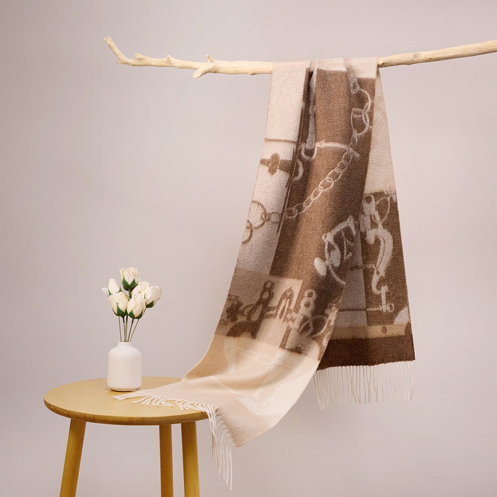 Long Pure Cashmere Fringed Scarf With Intricate Pattern Cashmere Warps Coffee - 2 L
