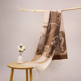Long Pure Cashmere Fringed Scarf With Intricate Pattern Cashmere Warps Coffee - 2 L