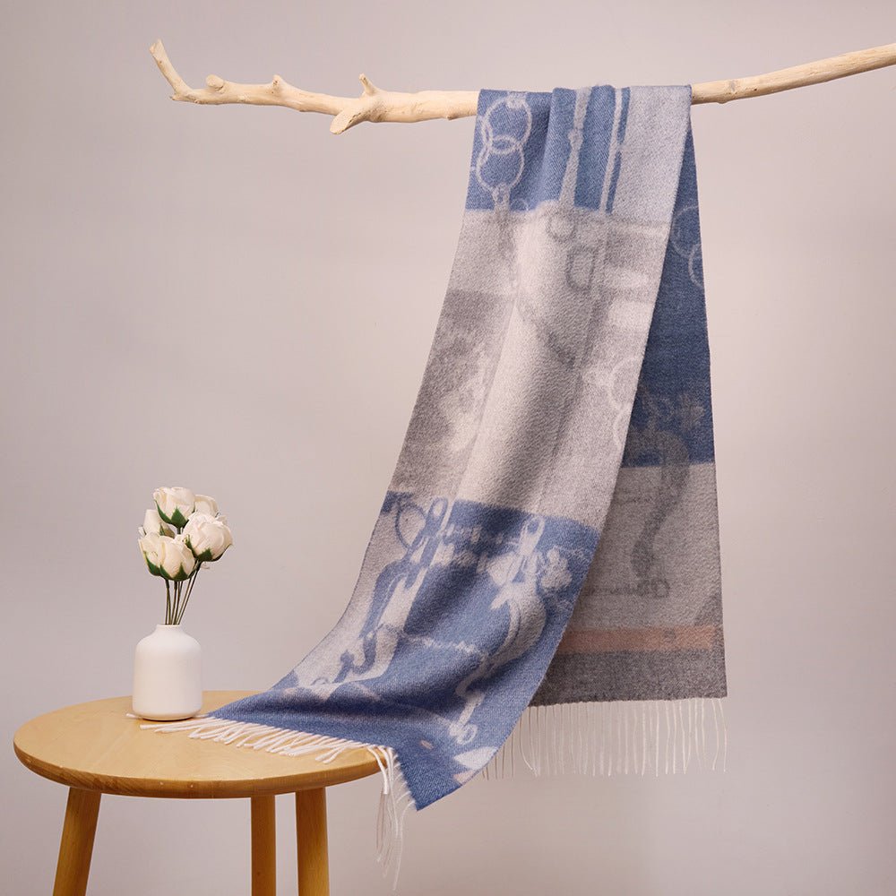 Long Pure Cashmere Fringed Scarf With Intricate Pattern Cashmere Warps Cornflower Blue L
