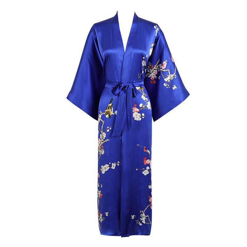 Long Silk Kimono For Women Cherry Blossom Printing Silk Robe Blue One size fits most