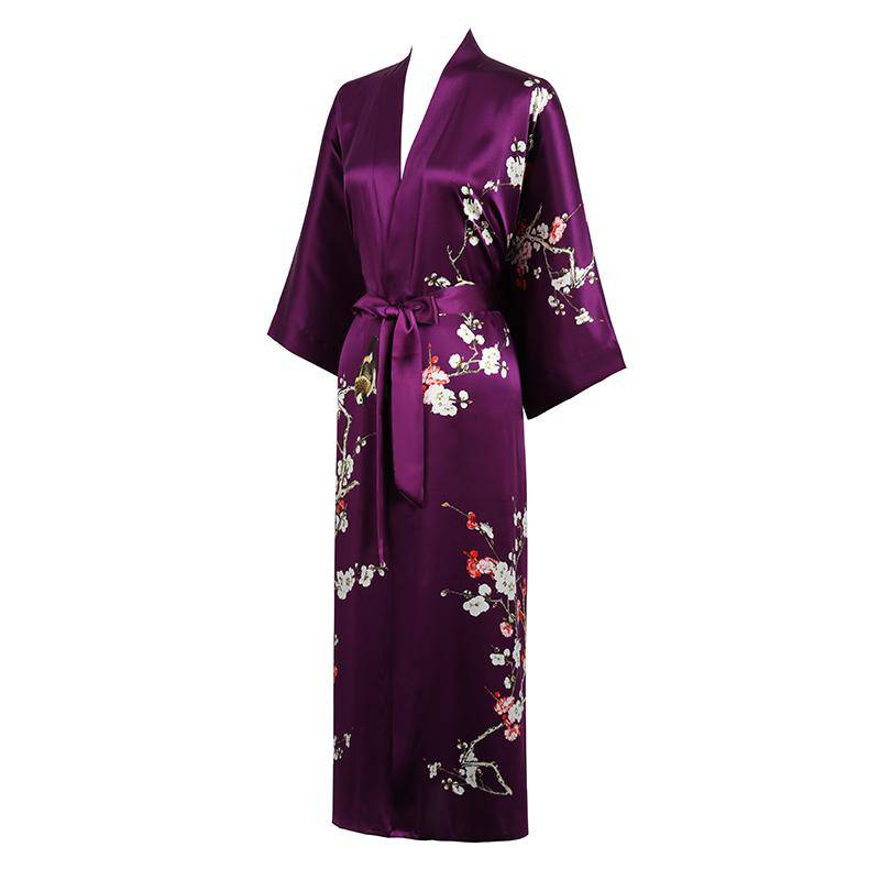 Long Silk Kimono For Women Cherry Blossom Printing Silk Robe Purple One size fits most