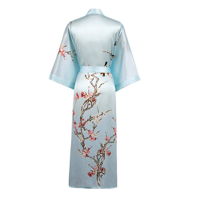 Long Silk Kimono For Women Cherry Blossom Printing Silk Robe Light Blue One size fits most