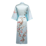 Long Silk Kimono For Women Cherry Blossom Printing Silk Robe Light Blue One size fits most