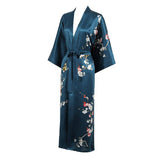 Long Silk Kimono For Women Cherry Blossom Printing Silk Robe Dark Teal One size fits most