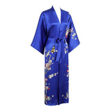 Long Silk Kimono For Women Cherry Blossom Printing Silk Robe Blue One size fits most