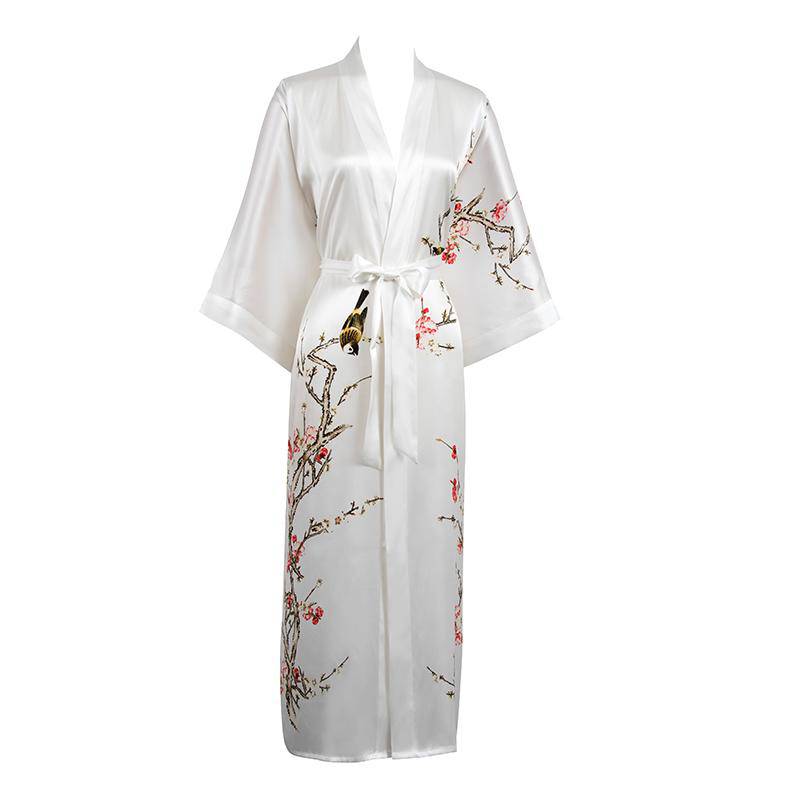 Long Silk Kimono For Women Cherry Blossom Printing Silk Robe White One size fits most