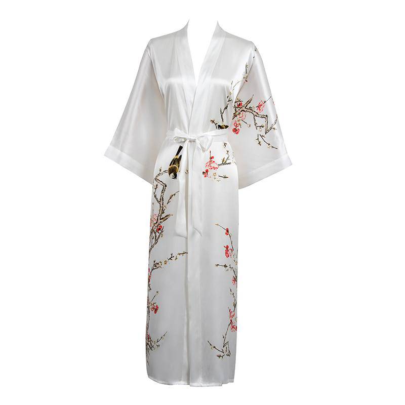 Long Silk Kimono For Women Cherry Blossom Printing Silk Robe White One size fits most