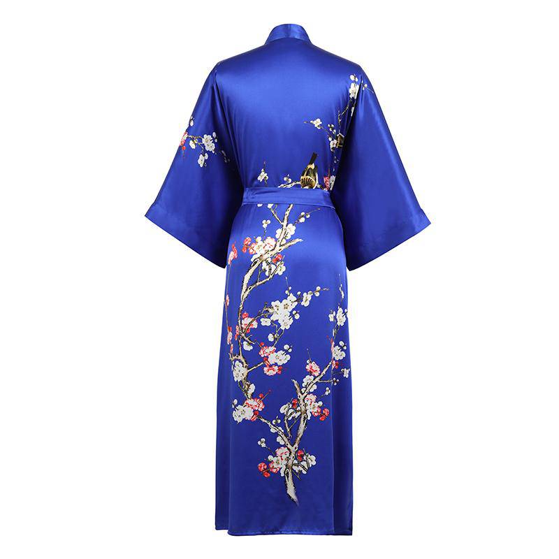 Long Silk Kimono For Women Cherry Blossom Printing Silk Robe Blue One size fits most