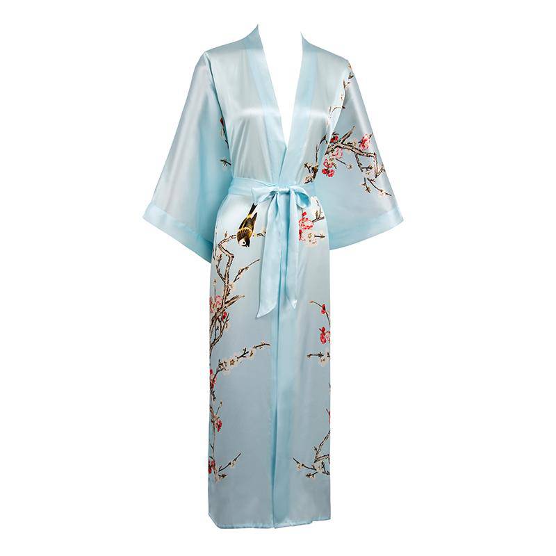 Long Silk Kimono For Women Cherry Blossom Printing Silk Robe Light Blue One size fits most