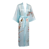 Long Silk Kimono For Women Cherry Blossom Printing Silk Robe Light Blue One size fits most