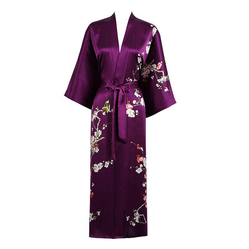 Long Silk Kimono For Women Cherry Blossom Printing Silk Robe Purple One size fits most
