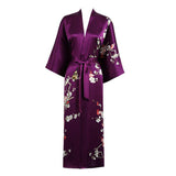 Long Silk Kimono For Women Cherry Blossom Printing Silk Robe Purple One size fits most