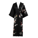 Long Silk Kimono For Women Cherry Blossom Printing Silk Robe Black One size fits most
