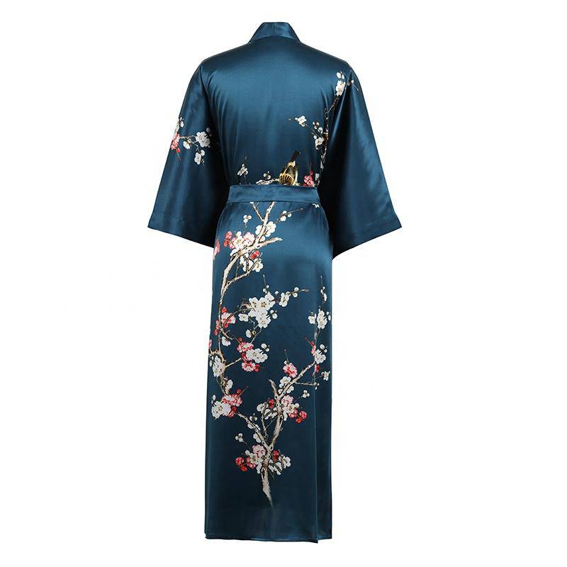 Long Silk Kimono For Women Cherry Blossom Printing Silk Robe Dark Teal One size fits most