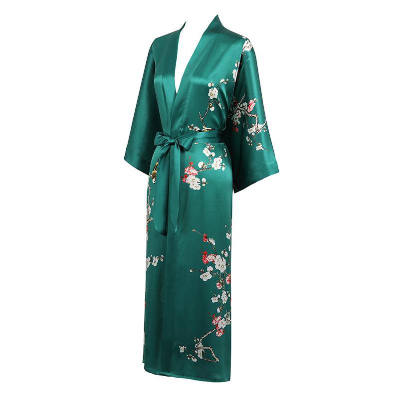 Long Silk Kimono For Women Cherry Blossom Printing Silk Robe Green One size fits most