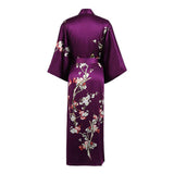 Long Silk Kimono For Women Cherry Blossom Printing Silk Robe Purple One size fits most