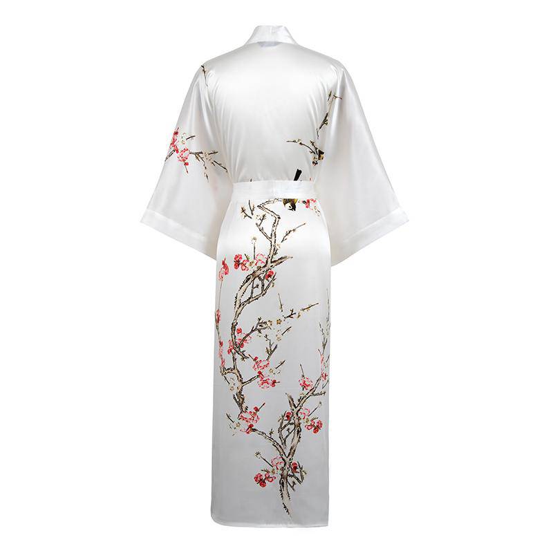 Long Silk Kimono For Women Cherry Blossom Printing Silk Robe White One size fits most