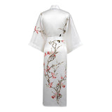 Long Silk Kimono For Women Cherry Blossom Printing Silk Robe White One size fits most