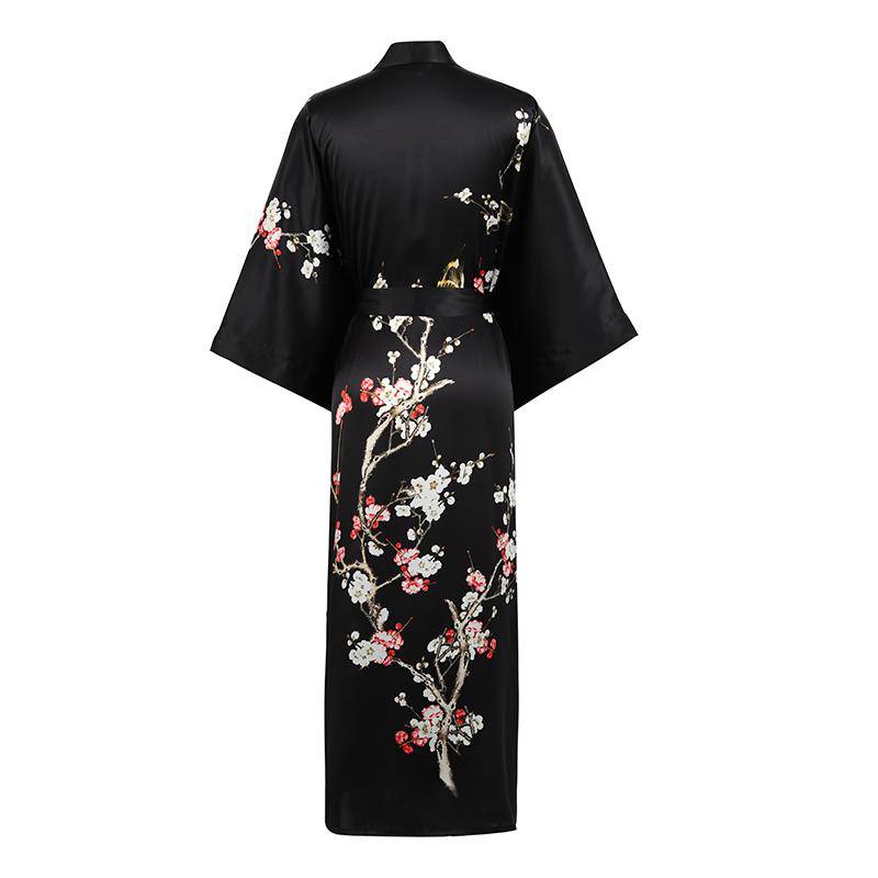 Long Silk Kimono For Women Cherry Blossom Printing Silk Robe Black One size fits most