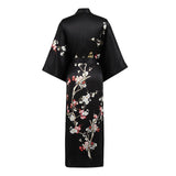 Long Silk Kimono For Women Cherry Blossom Printing Silk Robe Black One size fits most