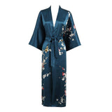 Long Silk Kimono For Women Cherry Blossom Printing Silk Robe Dark Teal One size fits most