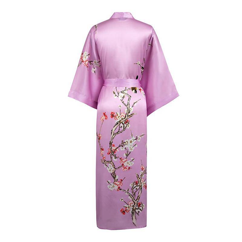 Long Silk Kimono For Women Cherry Blossom Printing Silk Robe Pink One size fits most