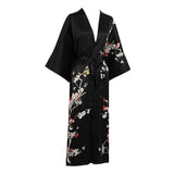 Long Silk Kimono For Women Cherry Blossom Printing Silk Robe Black One size fits most