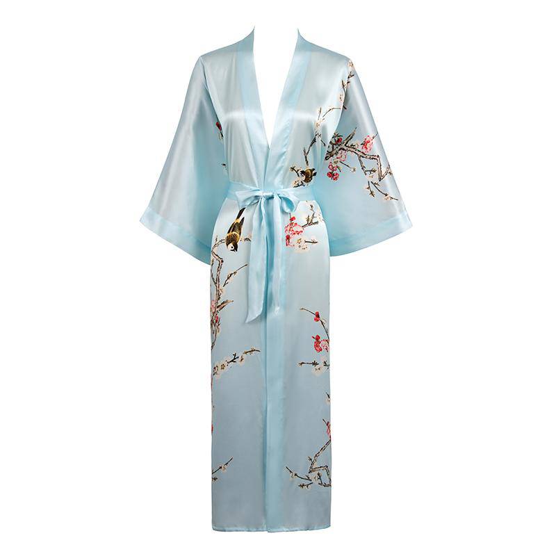 Long Silk Kimono For Women Cherry Blossom Printing Silk Robe Light Blue One size fits most