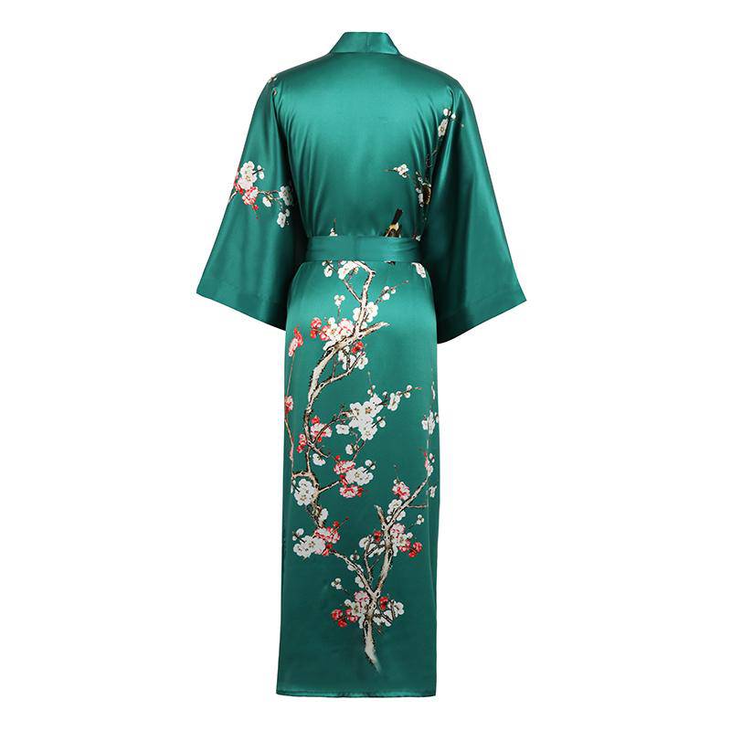 Long Silk Kimono For Women Cherry Blossom Printing Silk Robe Green One size fits most