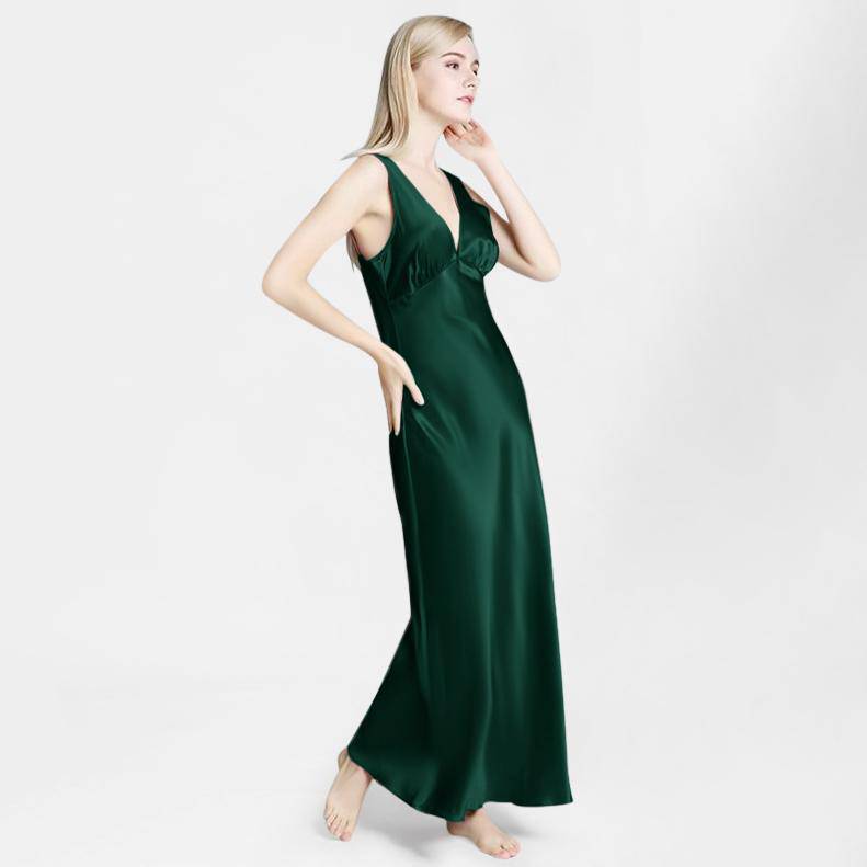Long Silk Nightgown For Women Wide Strap V Neck Silk Nightdress Green XS