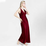 Long Silk Nightgown For Women Wide Strap V Neck Silk Nightdress Claret XS