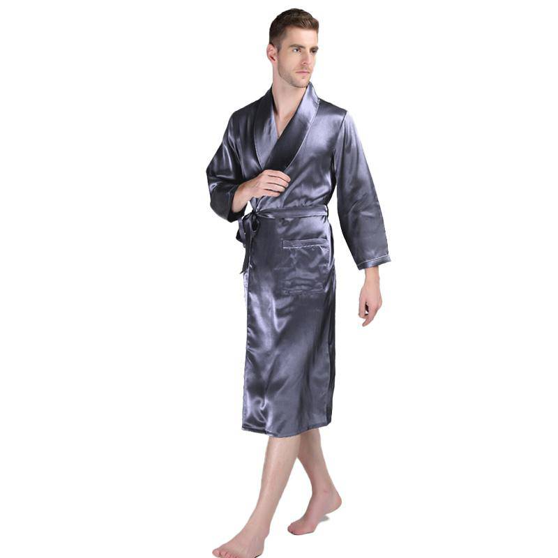Long Silk Robe For Men Big And Tall Silk Dressing Gown Dark Gray XS