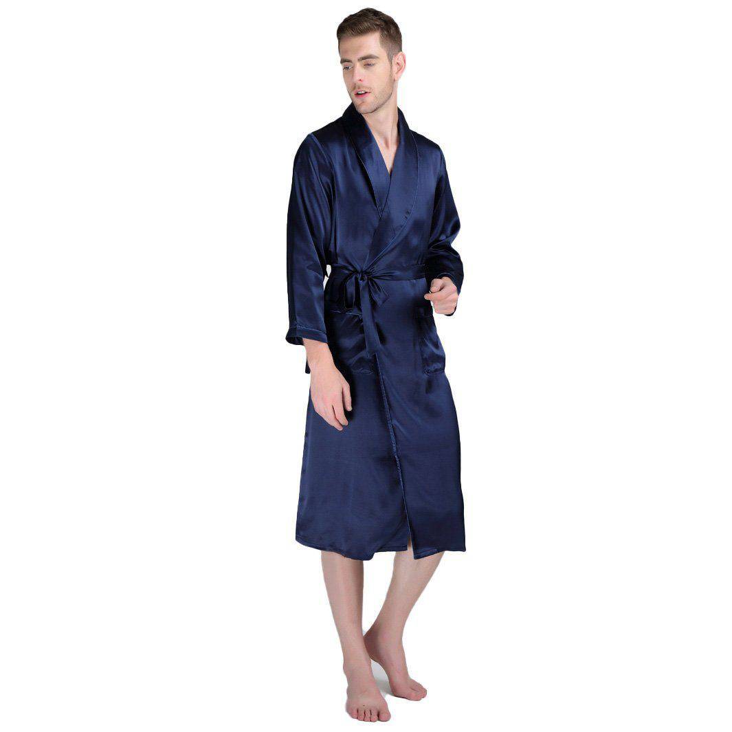 Long Silk Robe For Men Big And Tall Silk Dressing Gown Navy Blue XS