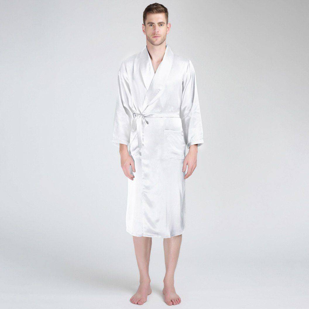 Long Silk Robe For Men Big And Tall Silk Dressing Gown White XS