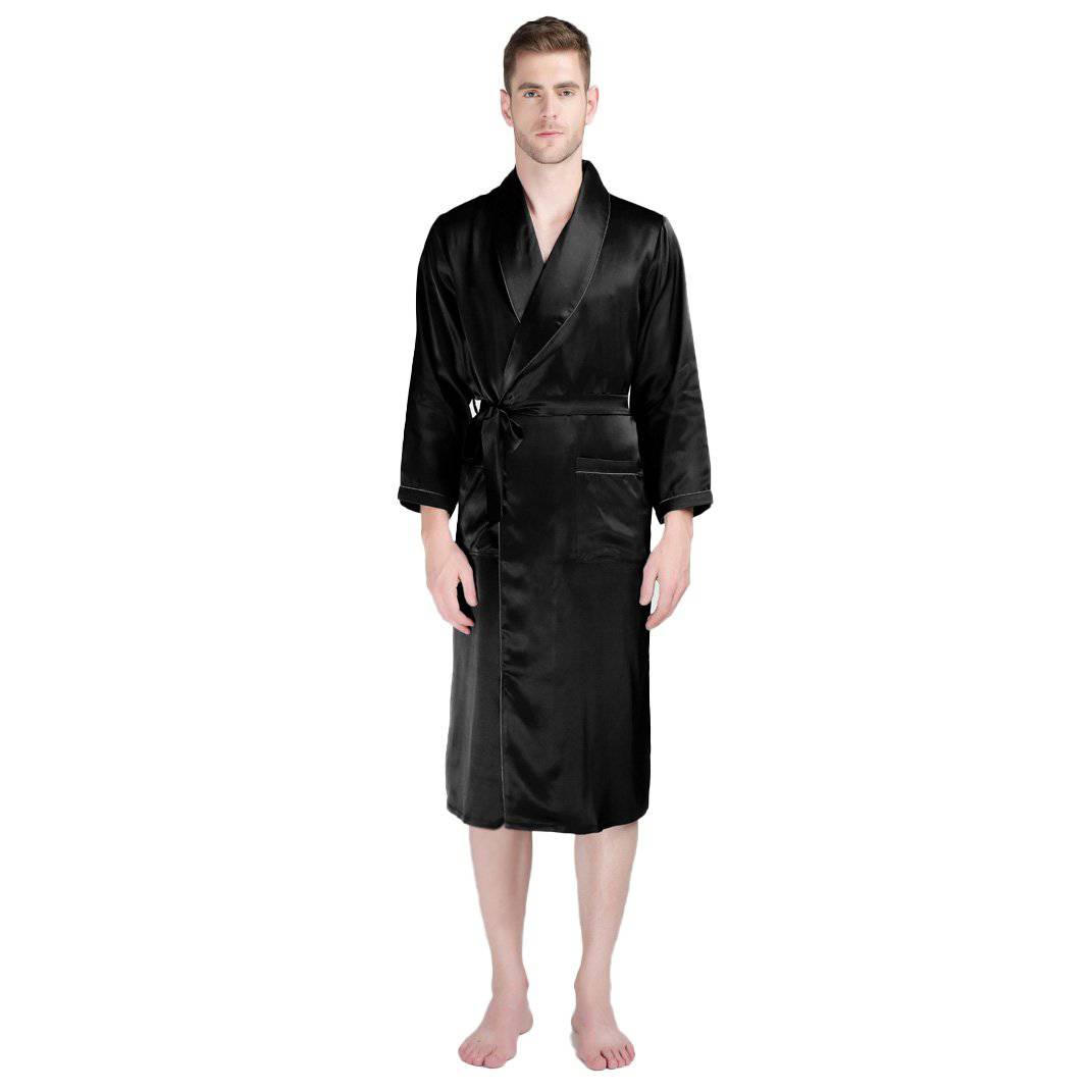 Long Silk Robe For Men Big And Tall Silk Dressing Gown Black XS