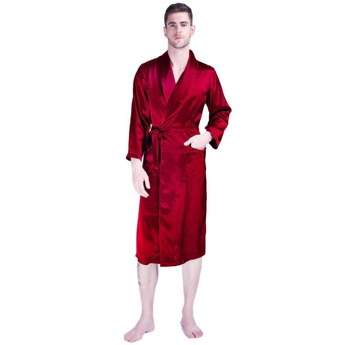 Long Silk Robe For Men Big And Tall Silk Dressing Gown Claret XS